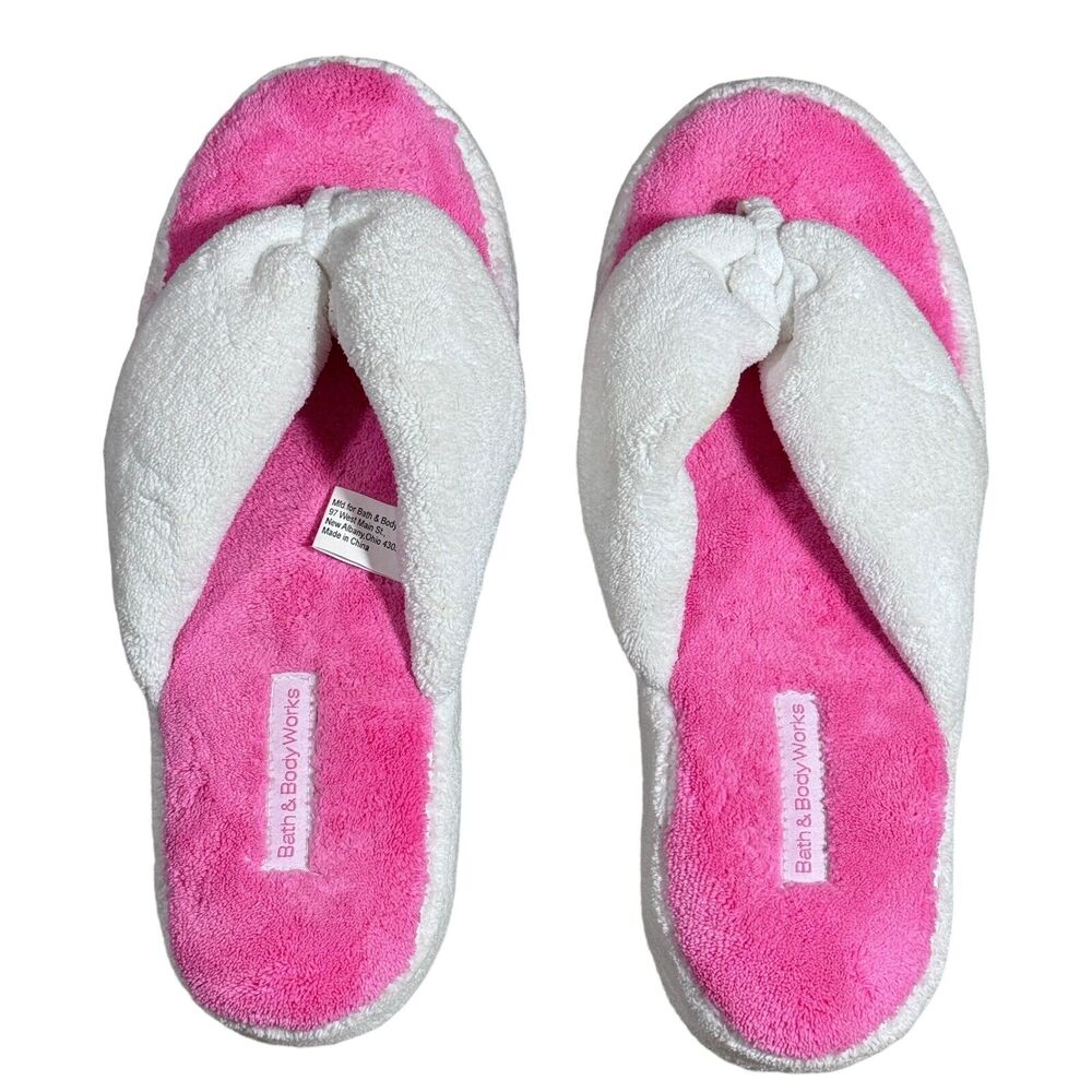 Bath & Body Slippers White & Pink Thong Bathroom Sandals Woman's Size Lg/XL NWOT